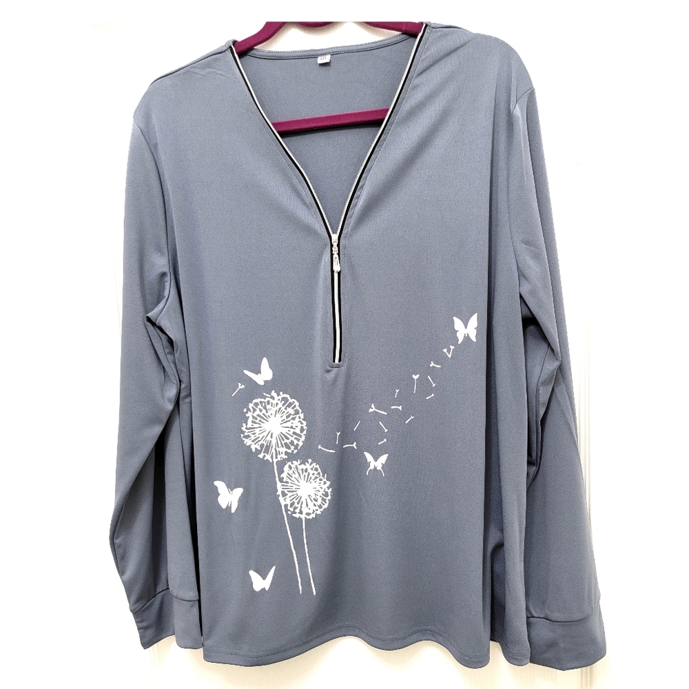 ``T25503 Gray & White Floral V-Neck Tunic